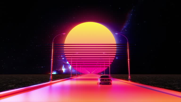 Retro car riding into large moon, synthwave, retrowave background, endless loop
