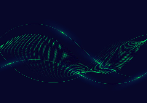 Abstract green wavy lines with dots particles and lighting on dark blue background. Vector illustration