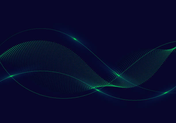 Abstract green wavy lines with dots particles and lighting on dark blue background. Abstract green wavy lines with dots particles and lighting on dark blue background. Vector illustration waving stock illustrations