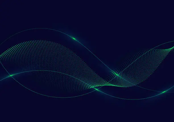 Vector illustration of Abstract green wavy lines with dots particles and lighting on dark blue background.