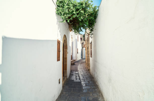 Narrow steep streets with houses whitewashed walls and blooming bushes and old stairs in historical Greek town Lindos under blue sky