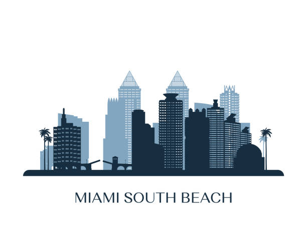 Miami South Beach skyline, monochrome silhouette. Vector illustration. Miami South Beach skyline, monochrome silhouette. Vector illustration. miami beach stock illustrations
