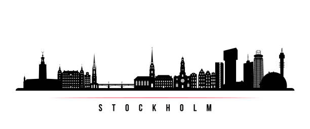 bildbanksillustrationer, clip art samt tecknat material och ikoner med stockholms skyline horisontell banner. svartvit silhuett av stockholm, sverige. vektormall för din design. - stockholm