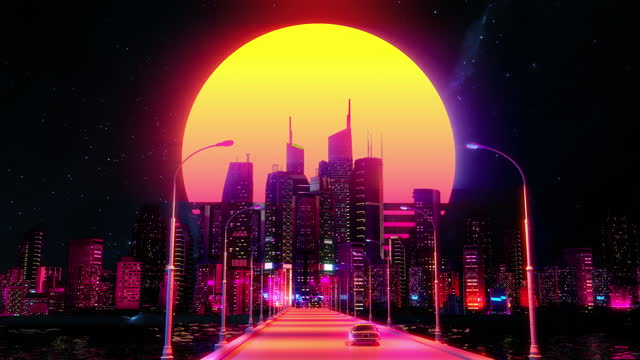 Car riding on pier, large moon above night city animation, retrowave, synthwave