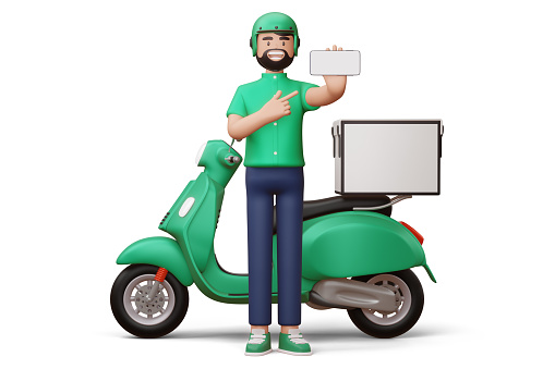 Delivery man with phone and a delivery motorcycle, 3d rendering.