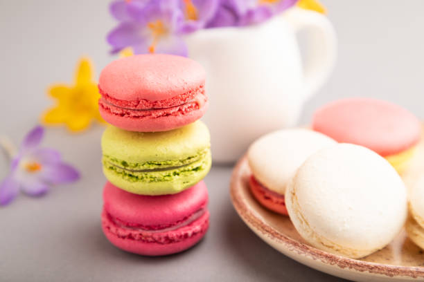 istock Multicolored macaroons with spring snowdrop crocus flowers on gray pastel background. side view, close up, still life, selective focus. Breakfast, morning, spring concept. 1314334425