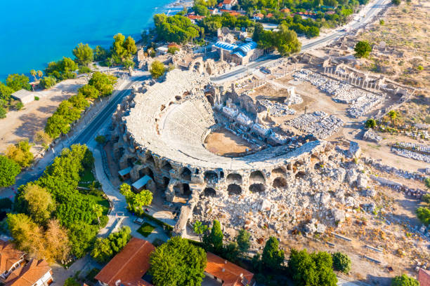 Aerial view of the amphitheater in the ancient Side town, Antalya Province, Turkey stock photo