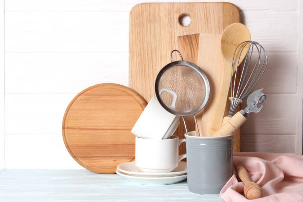 istock set of dishes close-up on a colored background. Kitchen appliances 1314337275