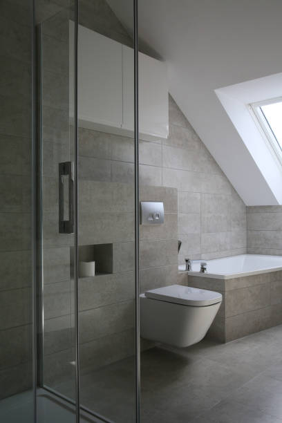 istock Modern bathroom in gray colors in a simple style 1314337578