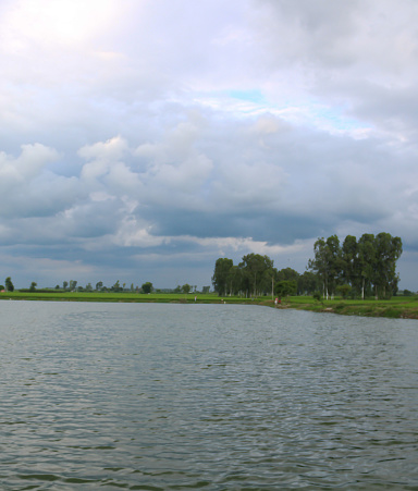 Cloudscape over a lake in a rural setting.