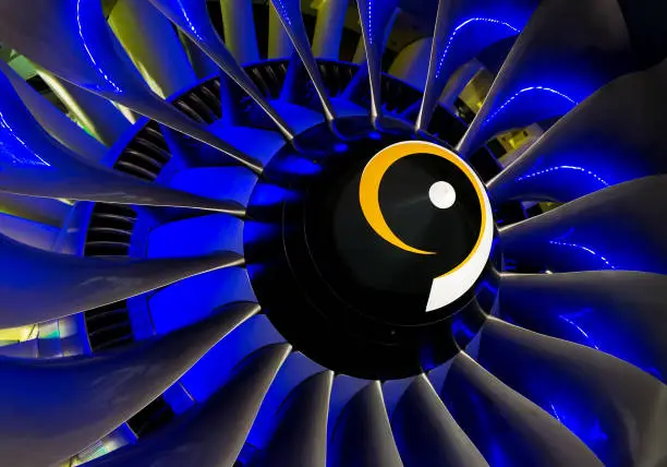Turbine Blades. Close-up of a large jet engine turbine blades