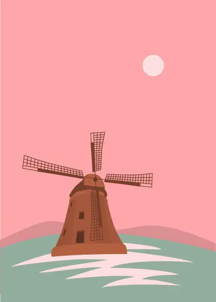 Vector illustration of minimalist landscape with vintage windmill, pinks sunset sky vector illustration print