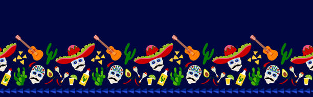 ilustrações de stock, clip art, desenhos animados e ícones de mexico, mexican traditional cinco de mayo, day of the dead, halloween, dia de los muertos  print border background, seamless pattern design - carnival spirit