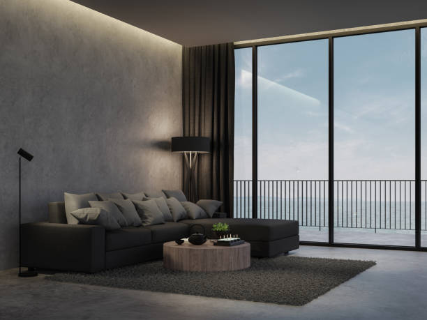 istock Minimal loft style living room with sea view background 3d render 1314344180