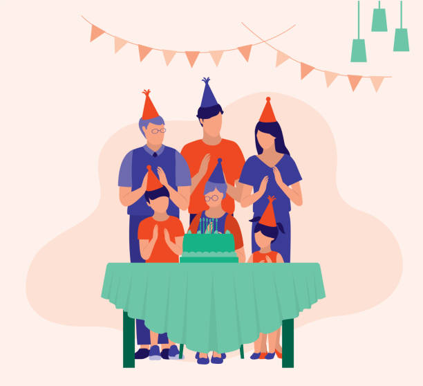 Grandmother Celebrates Birthday With Her Family. Celebration Concept. Vector Flat Cartoon Illustration. Family Clapping Hands While Singing Birthday Songs. hispanic family stock illustrations