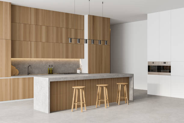 istock Wooden dining room, bar chairs and table 1314346768
