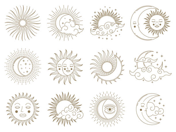 ilustraciones, imágenes clip art, dibujos animados e iconos de stock de luna mágica y sol. elementos de astrología boho dorada, sol, luna, estrellas y nubes conjunto de ilustración vectorial. astrología mística de día y noche símbolos - tatuajes del sol