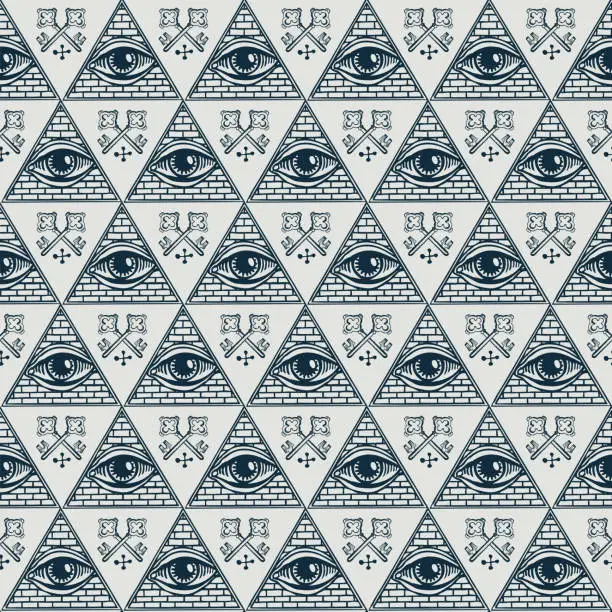 Vector illustration of seamless pattern with all-seeing eye and old keys