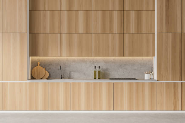 istock Wooden kitchen set on marble floor 1314347186