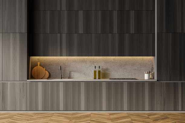 istock Grey wooden kitchen set on parquet floor 1314347270