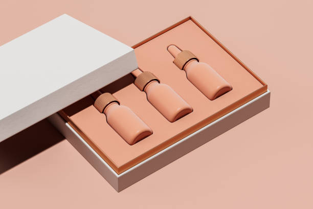 Gift box with set of realistic pink bottles with dropper