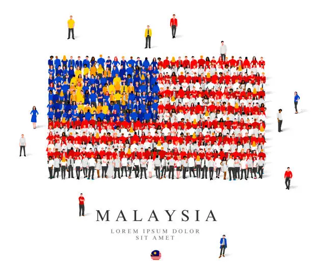 Vector illustration of A large group of people are standing in blue, yellow, white and red robes, symbolizing the flag of Malaysia.