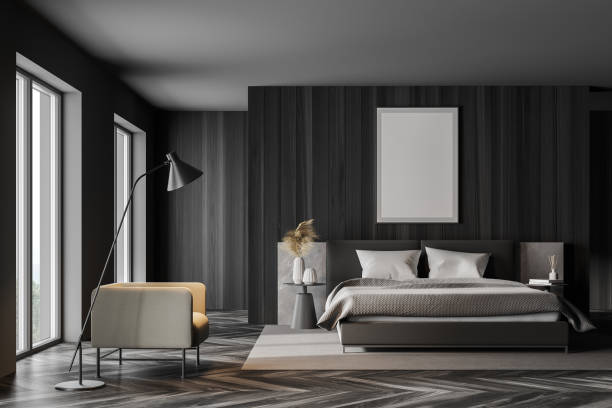 istock Grey bedroom interior with bed and parquet floor, mockup poster 1314349933