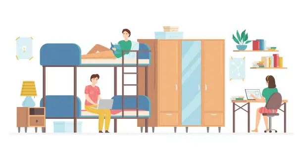 Vector illustration of Cartoon Color Characters People and College Dormitory Interior Inside Concept. Vector