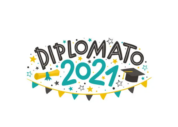 Vector illustration of Italian Doodle Logo for the 2021 graduate with a masters cap