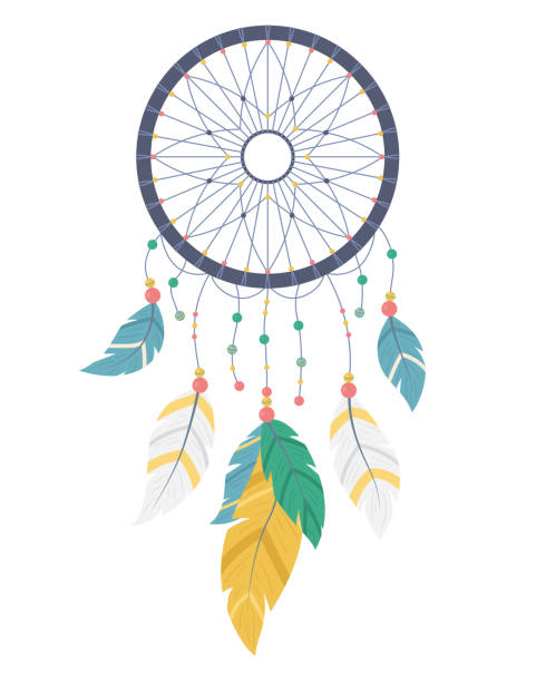 cartoon farbe dreamcatcher mit verschiedenen federn. vektor - dreamcatcher stock-grafiken, -clipart, -cartoons und -symbole