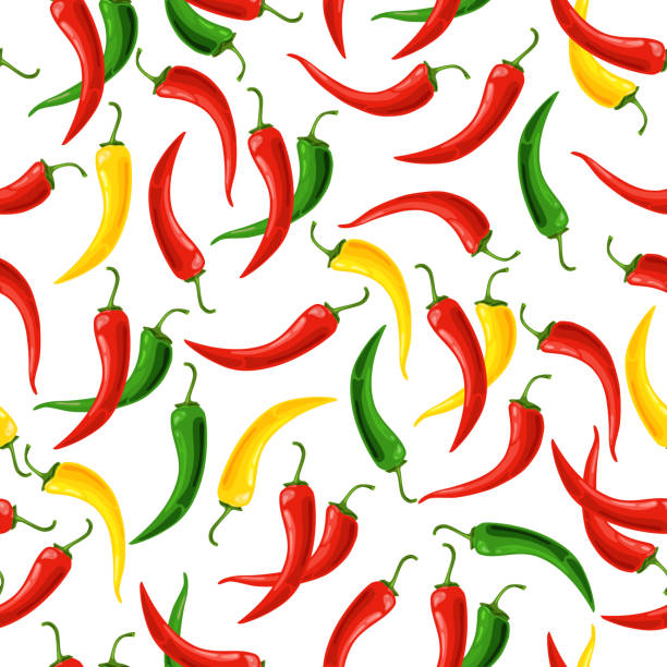 Seamless pattern of red, yellow and green chili peppers on a white background. Vector background. Seamless pattern of red, yellow and green chili peppers on a white background. Vector background. red bell pepper stock illustrations