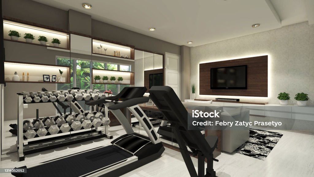 Fitness And Gym Room Design With Equipment And Television Panel Fitness And Gym Room Design With Equipment And Television Panel. Interior Gym with treadmill and display cabinet Gym Stock Photo