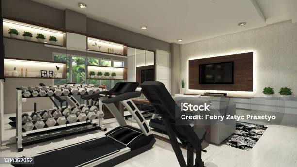 Fitness And Gym Room Design With Equipment And Television Panel Stock Photo - Download Image Now
