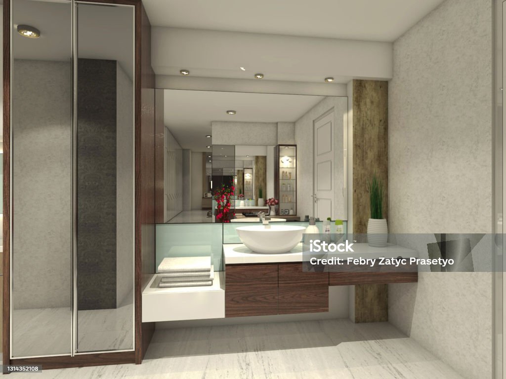 Bathroom Design With Wash Basin Cabinet And Mirror Panel Bathroom Design With Wash Basin Cabinet And Mirror Panel. 3d rendering, 3d illustration. Bathroom Stock Photo
