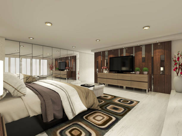 istock Luxurious Master Bedroom With Comfortable Bed And Television Cabinet With Wooden Panel Decoration 1314352122