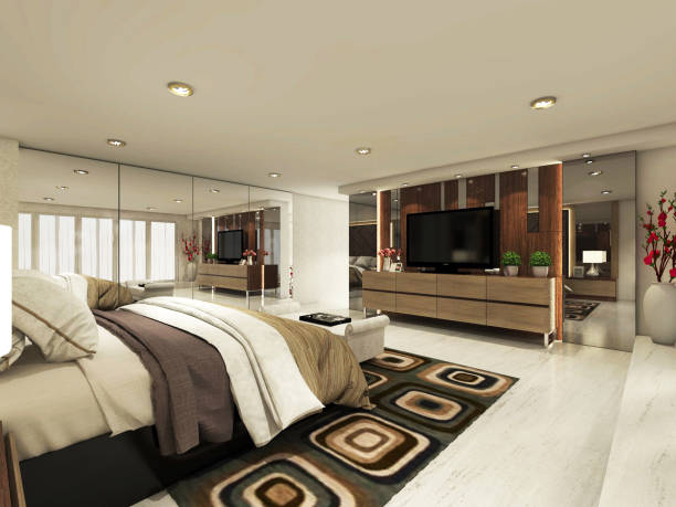 istock Luxurious Master Bedroom With Comfortable Bed And Wooden Television Cabinet 1314352132