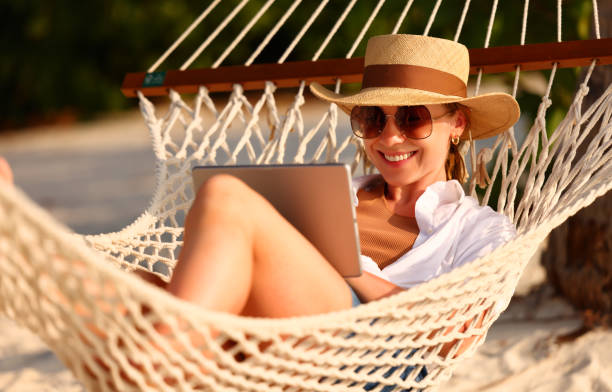 istock Young smiling female, happy woman in straw hat and sunglasses using digital tablet while relaxing in the hammock on tropical sandy beach 1314352761