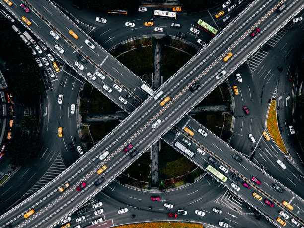 복잡한 고가도로 및 혼잡한 트래픽의 항공 보기 - chongqing china bridge asia 뉴스 사진 이미지