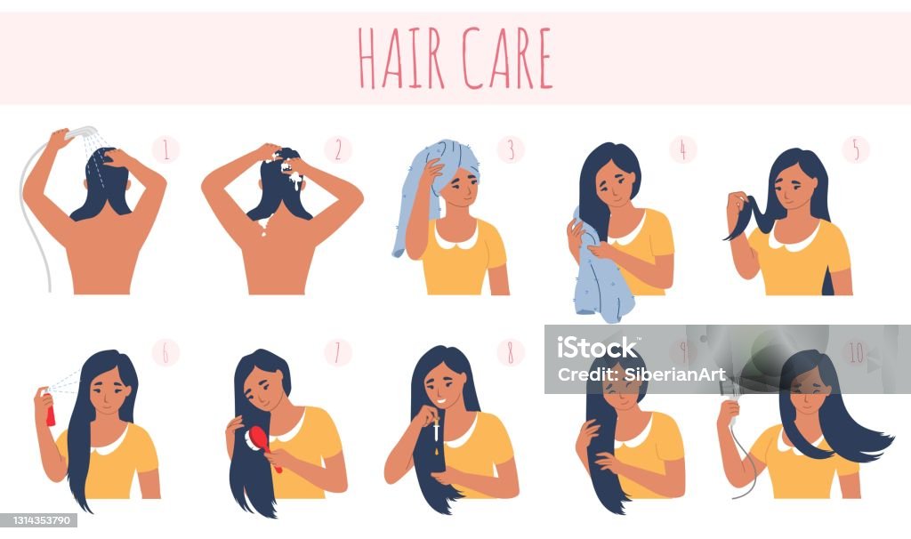 10 Step Hair Care Routine Vector Illustration Washing Wiping Brushing Applying Heat Protector Shine Serum Drying Stock Illustration - Download Image Now - iStock 10 Step Hair Care Routine Vector Illustration Washing Wiping Brushing Applying Heat Protector Shine Serum Drying Stock Illustration - Download Image Now - iStock