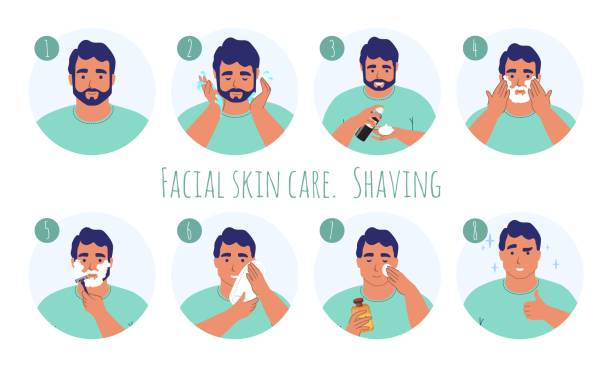 ilustrações, clipart, desenhos animados e ícones de 8 step men facial skin care, ilustração vetorial plana. aliciamento masculino, rotina de barbear. - human face washing cleaning body care