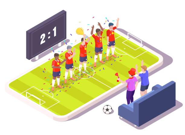 Mobile soccer, vector isometric illustration. Football fans watching match and supporting favorite winner team online. Mobile soccer, flat vector isometric illustration. Football fans watching match and supporting favorite team online. Football field, winner team with trophy celebrating victory on smartphone screen. men watching soccer game stock illustrations
