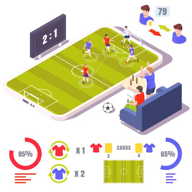 Online football game, vector isometric illustration. Smartphone, fans watching soccer match sitting on sofa. Online football game, flat vector isometric illustration. Smartphone, fans watching soccer match online sitting on sofa and drinking beer, infographic elements. Mobile football. men watching soccer game stock illustrations