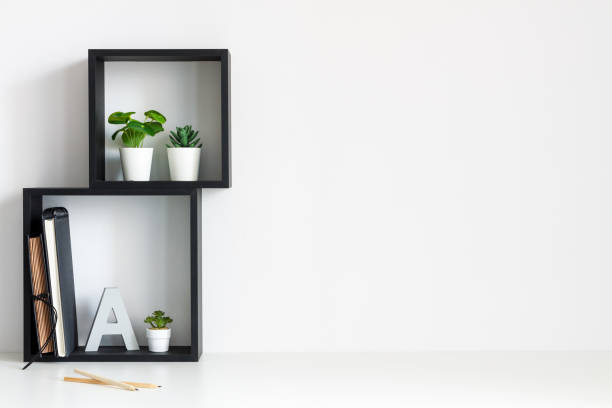 istock Home office. Back to school. Copy space. Geometric composition. Square shelves. 1314356356