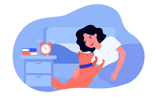 Dog waking owner up in morning. Woman stroking pet, alarm clock buzzing on bedside table flat vector illustration. Pets, domestic animals concept for banner, website design or landing web page