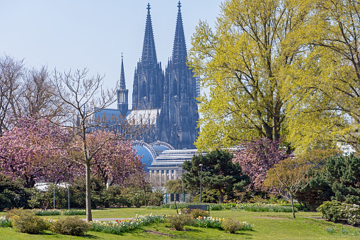 Cologne, 25 April 2021,  Germany: View to Cologne Cathedral from the right bank of the river Rhine