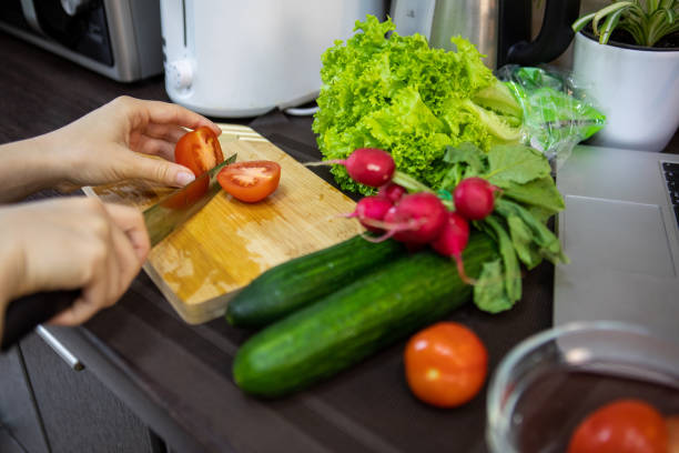 istock overhead top view of kitchen cook table with vegetables 1314356780