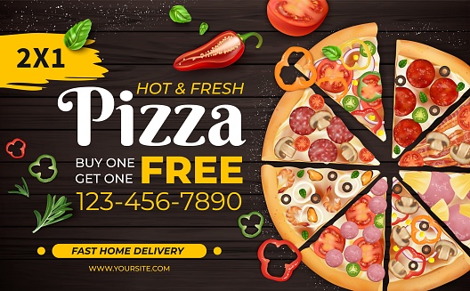 Realistic Detailed 3d Hot Fresh Pizza with Different Type Ingredients Ads Banner Concept Poster Card. Vector illustration