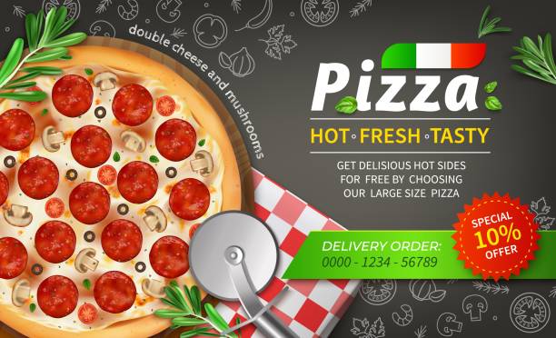 Realistic Detailed 3d Pizza Ads Banner Concept Poster Card. Vector Realistic Detailed 3d Pizza Pepperoni with Mushroom Ads Banner Pizzeria Delivery Service Concept Poster Card. Vector illustration meat backgrounds stock illustrations