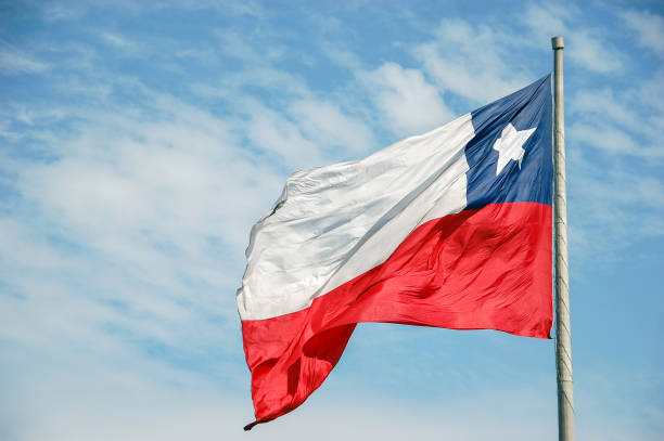 istock Big chilean flag waving in front of blue sky 1314357155