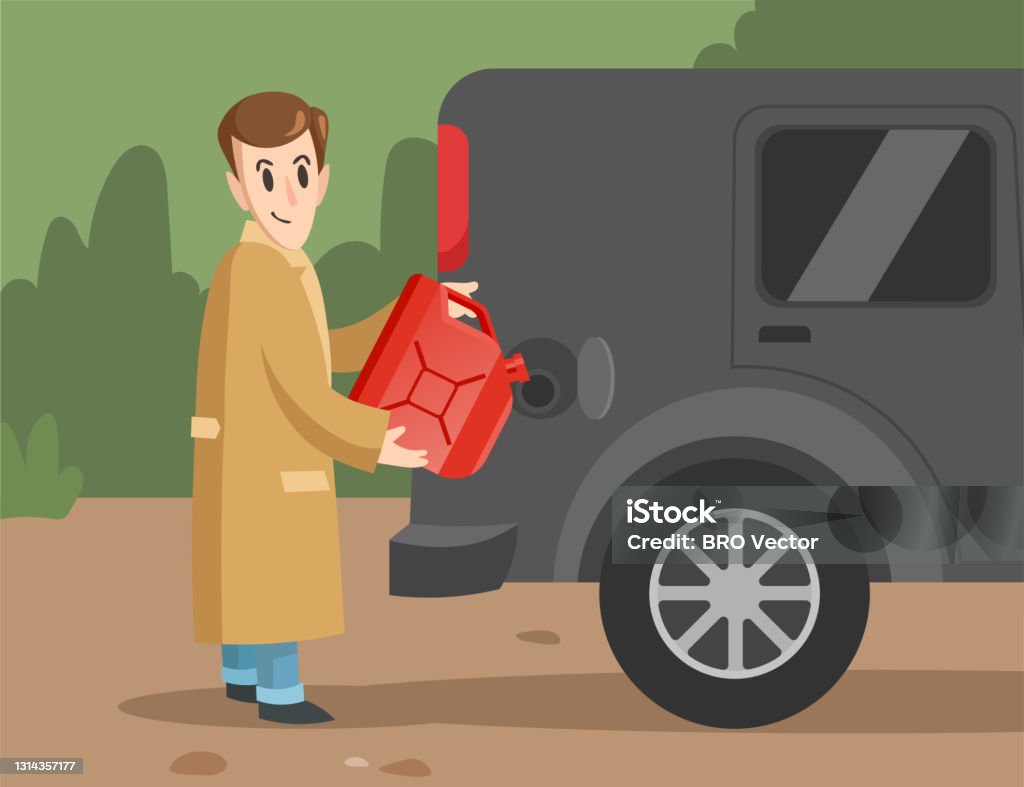Cartoon Male Character Pouring Gasoline Into Car Stock Illustration -  Download Image Now - Adult, Adventure, Backgrounds - iStock